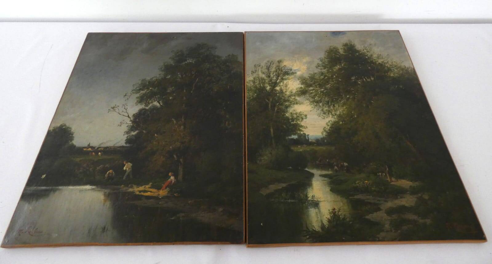 Two oil paintings on canvas signed N. Rousseau – fishing scenes from the 19th century.