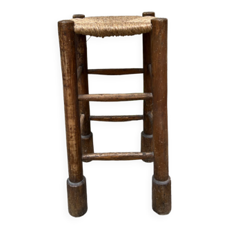 Tabouret en bois et paille vintage