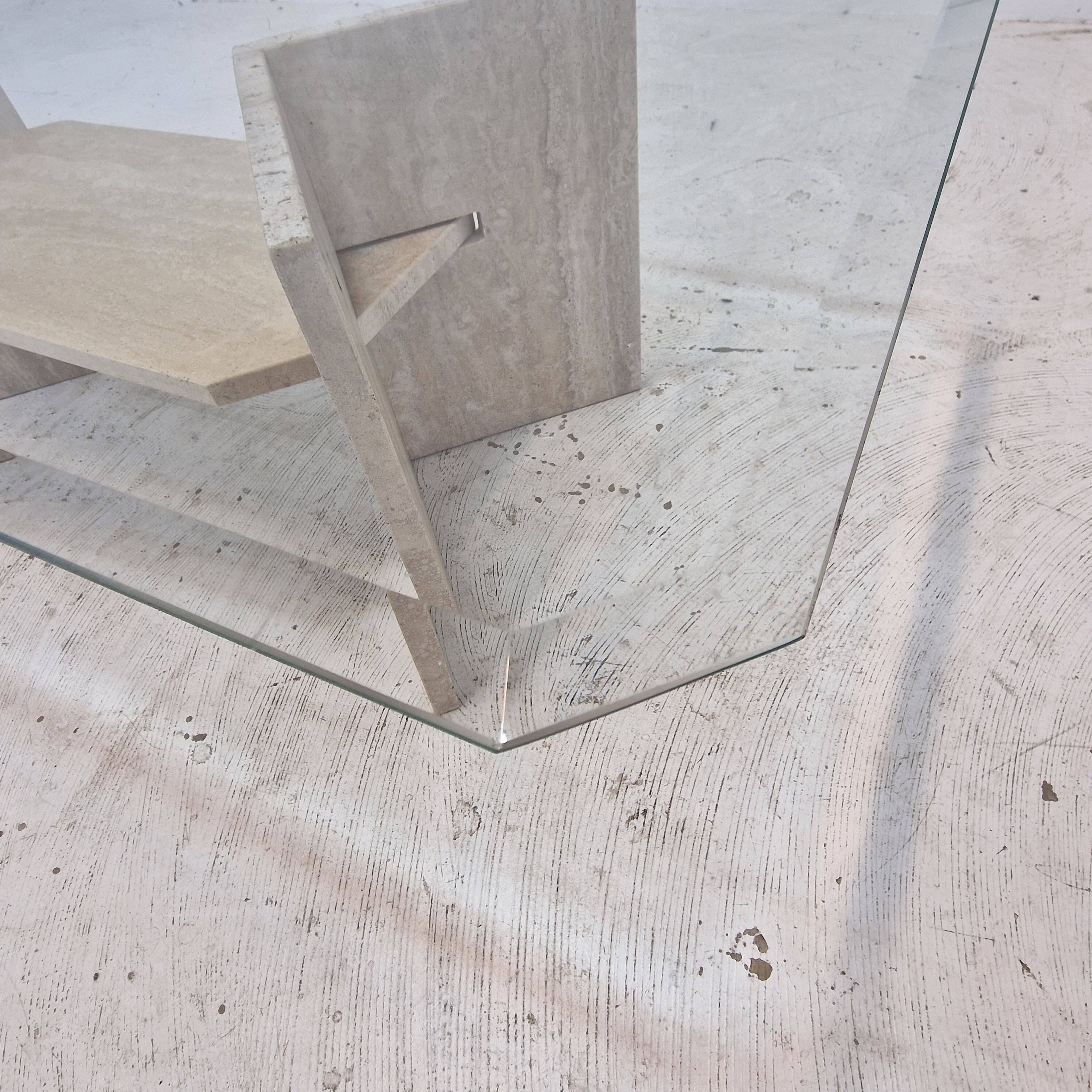 Italian Coffee Table in Travertine and Facet Cut Glass, 1980s