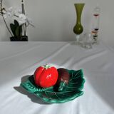 Vintage salt and pepper shaker colorful hand painted slip - Vegetables and leaf holder
