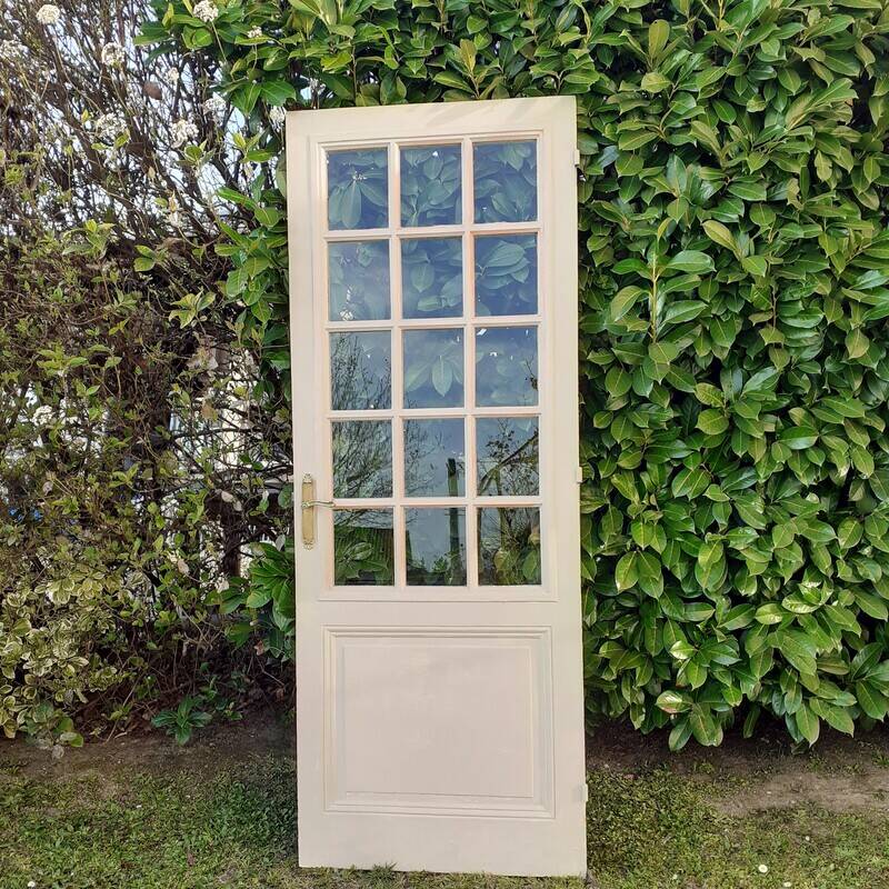 Porte ancienne de communication vitrée moulurée 218,5x83 15 petits carreaux