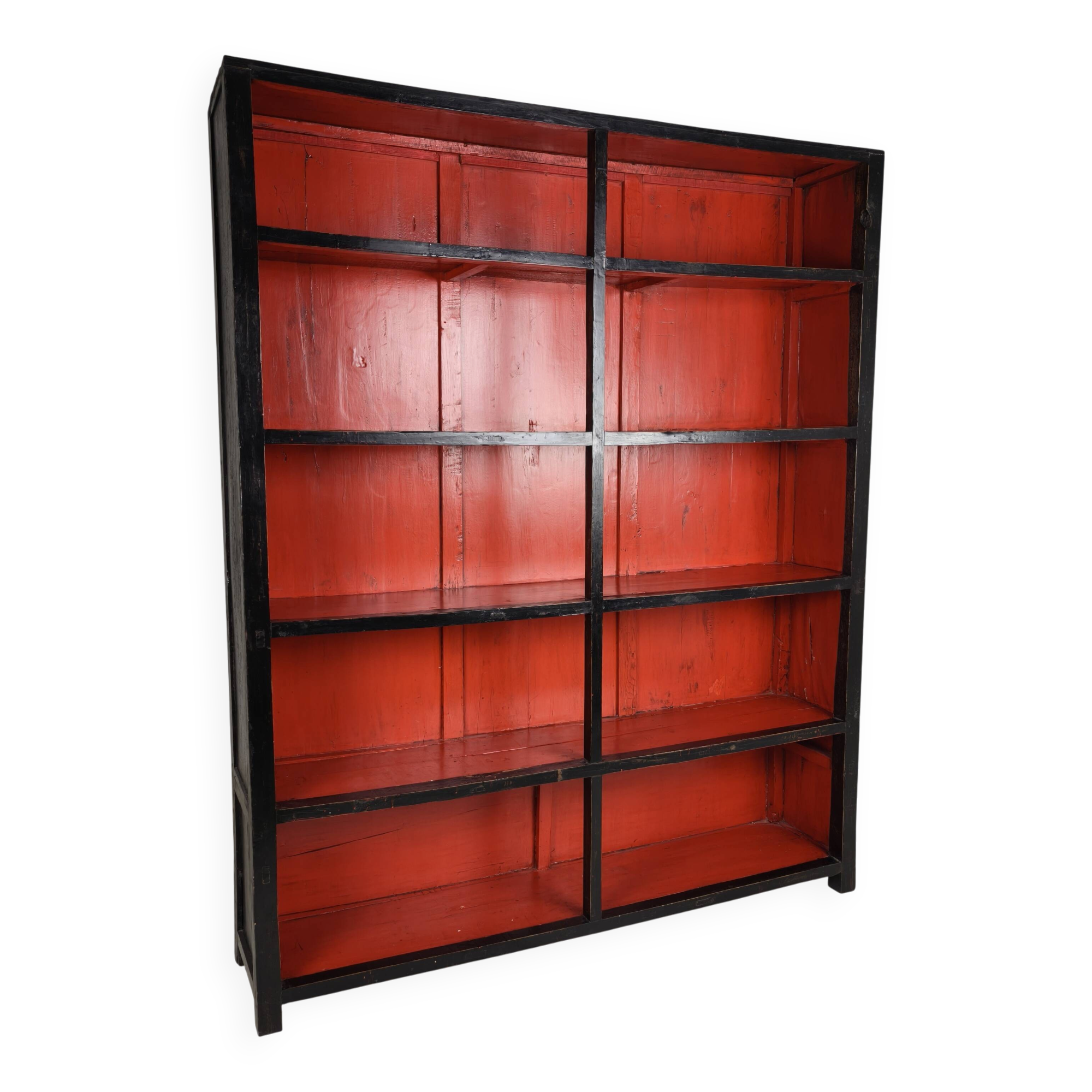 Antique Chinese Display Cabinet / Open Bookcase with Red Lacquer Interior