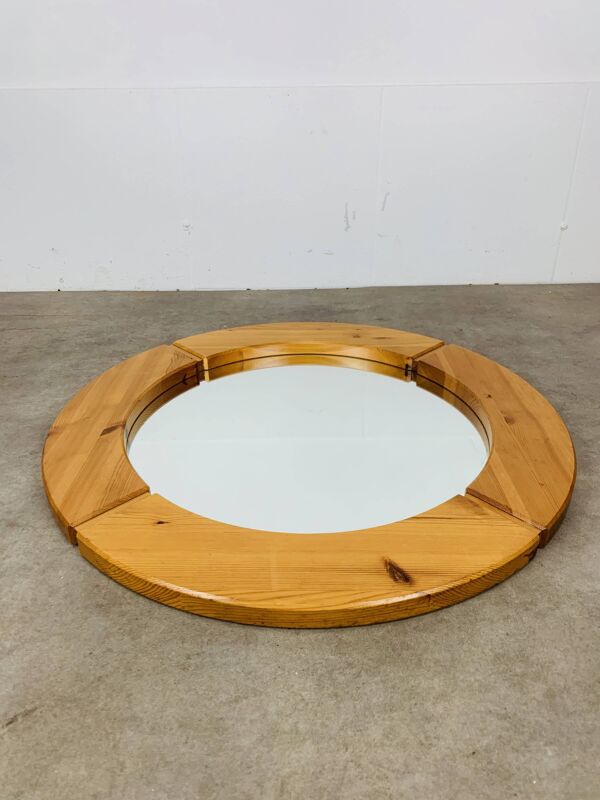 Miroir scandinave rond pin massif par Glasmäster Markaryd, Suède, 70's