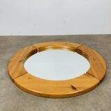 Scandinavian round solid pine mirror by Glasmäster Markaryd, Sweden, 70's