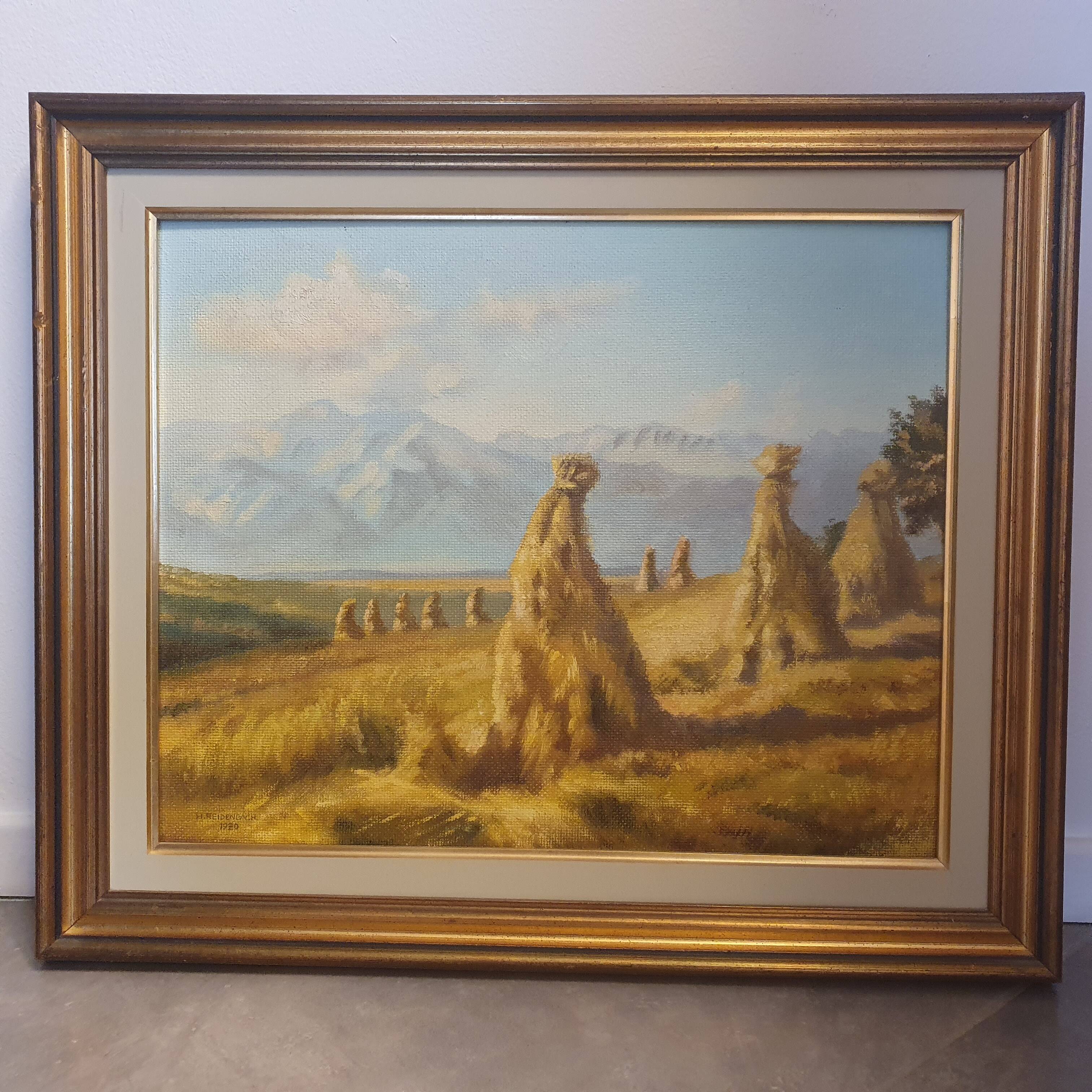 Oil painting on wood, harvest landscape