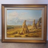 Oil painting on wood landscape harvest