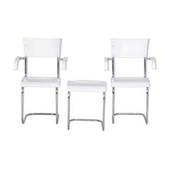 Pair of original white Mucke Melder chairs and stool made in 1930s Czechia