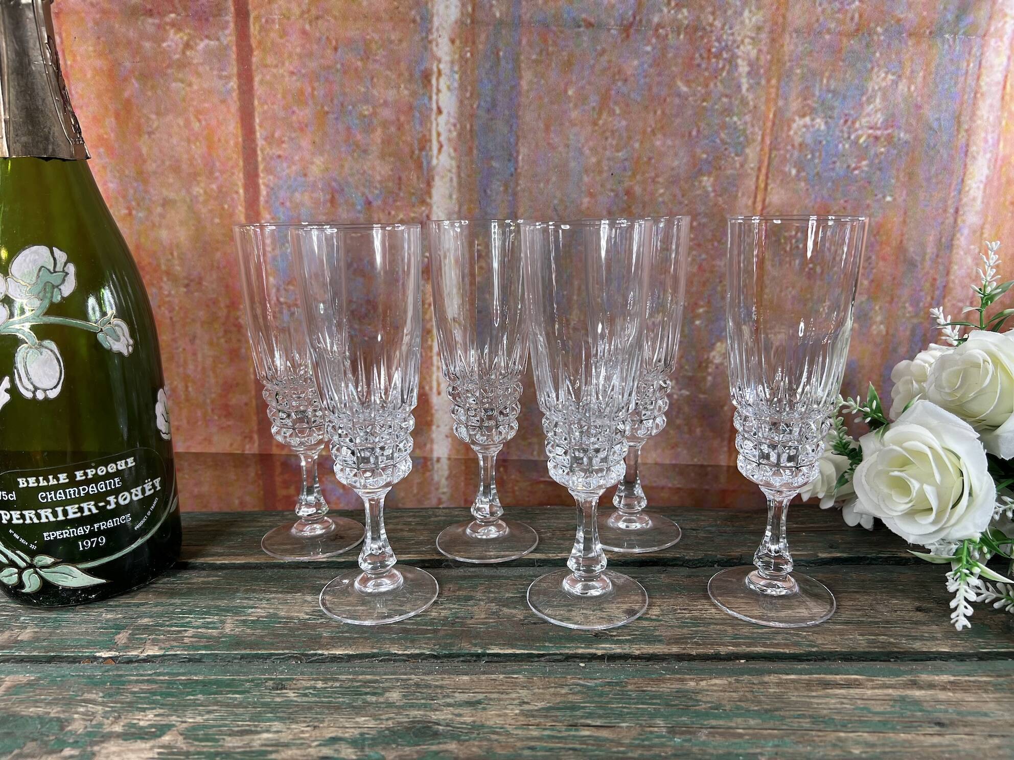 Set of 6 Cristal d'Arques Pompadour champagne flutes