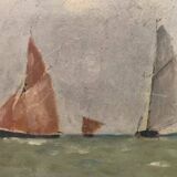 Peinture à l'huile vintage du XIXe siècle représentant un voilier en mer