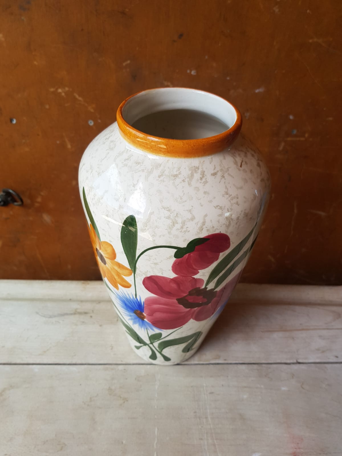 Ancien vase céramique décor de fleurs années 70 vintage