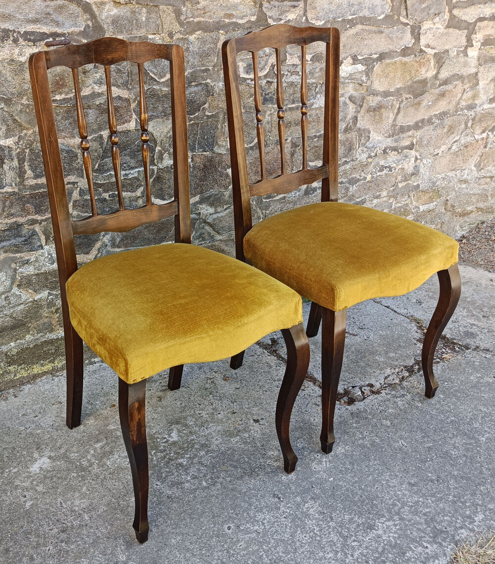 Pair of Louis Philippe chairs, wood and yellow ochre velvet, vintage, 60s