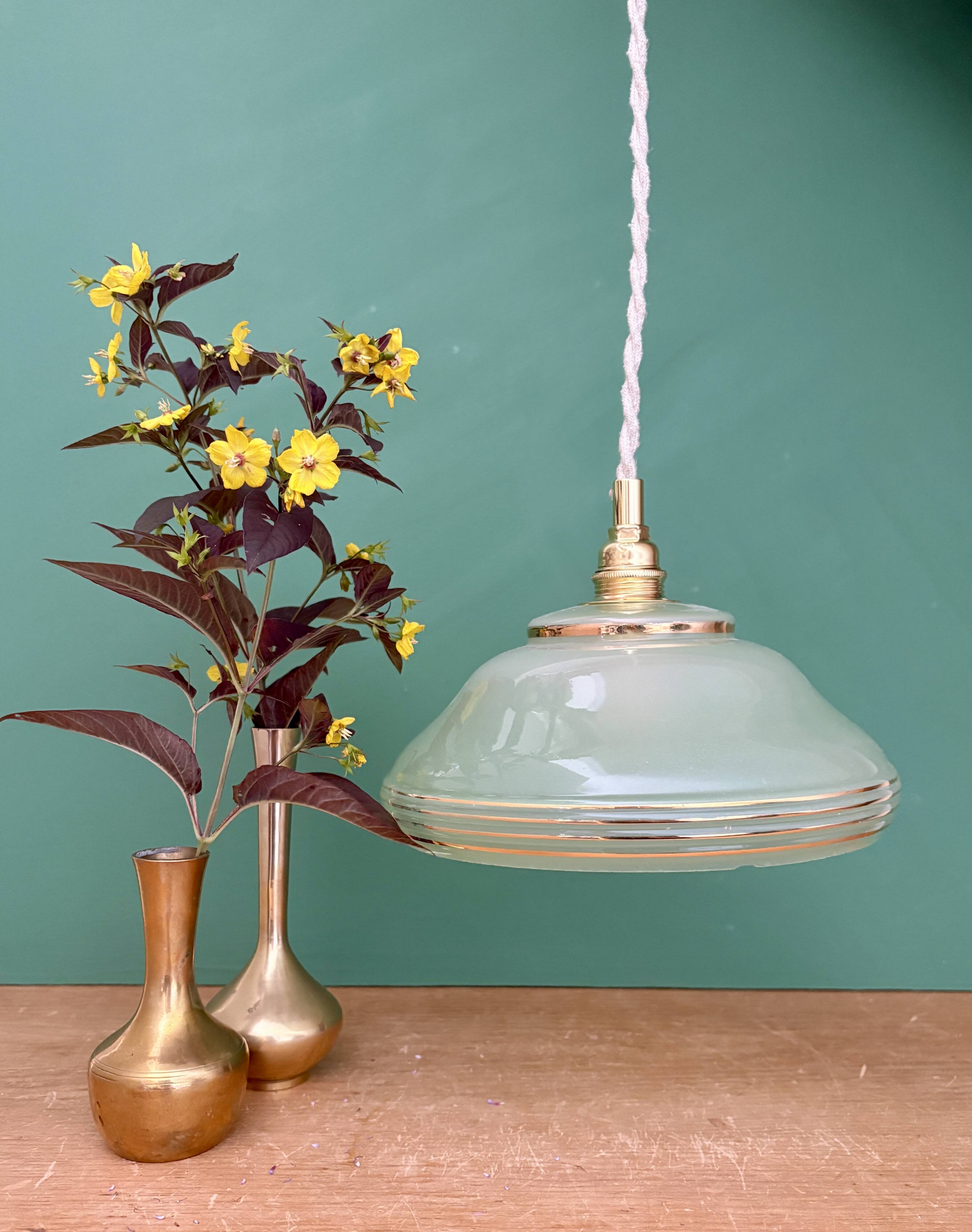 Vintage green and gold glass lampshade pendant light