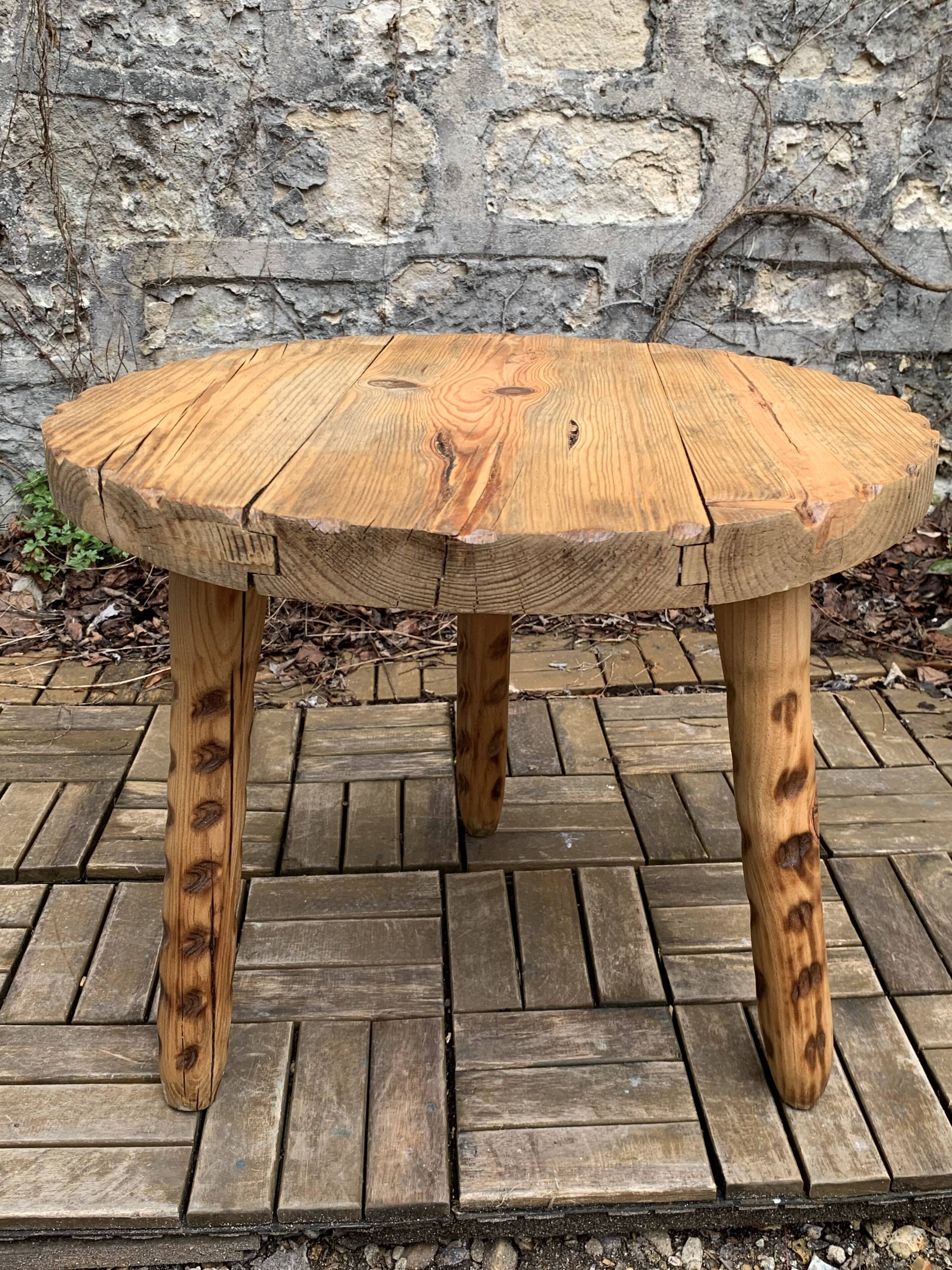 Solid pine tripod coffee table, raw, 1960