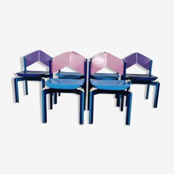 Ensemble 6 chaises multicolores années 80