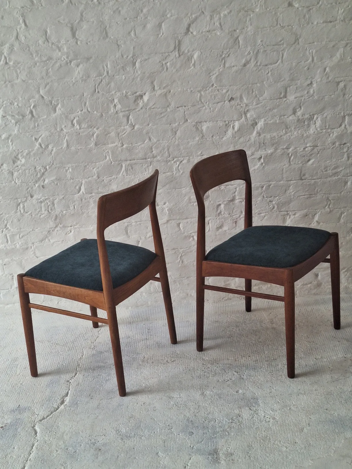 Pair of Henning Kjaernulf teak dining chairs sea blue-green, Denmark 1960s