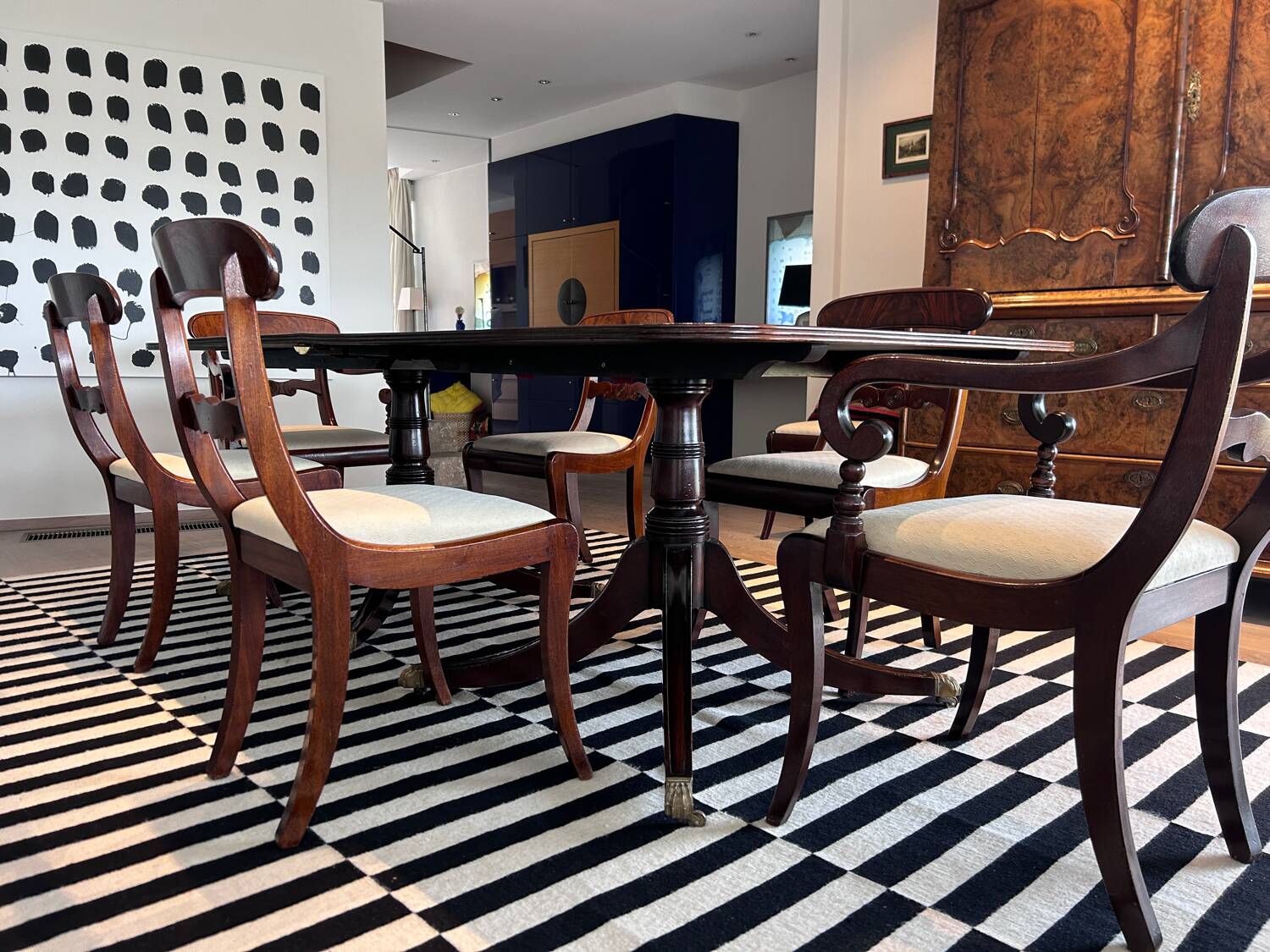 Antique Georgian twin pedestals dining table and 10 chairs