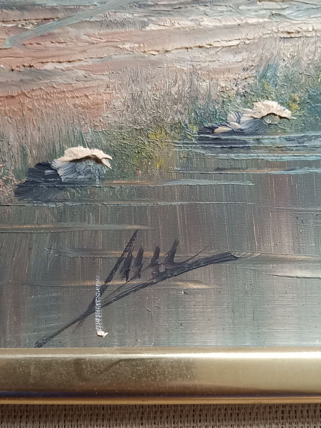 Painting on panel an abandoned house by a river signed