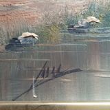 Painting on panel an abandoned house by a river signed