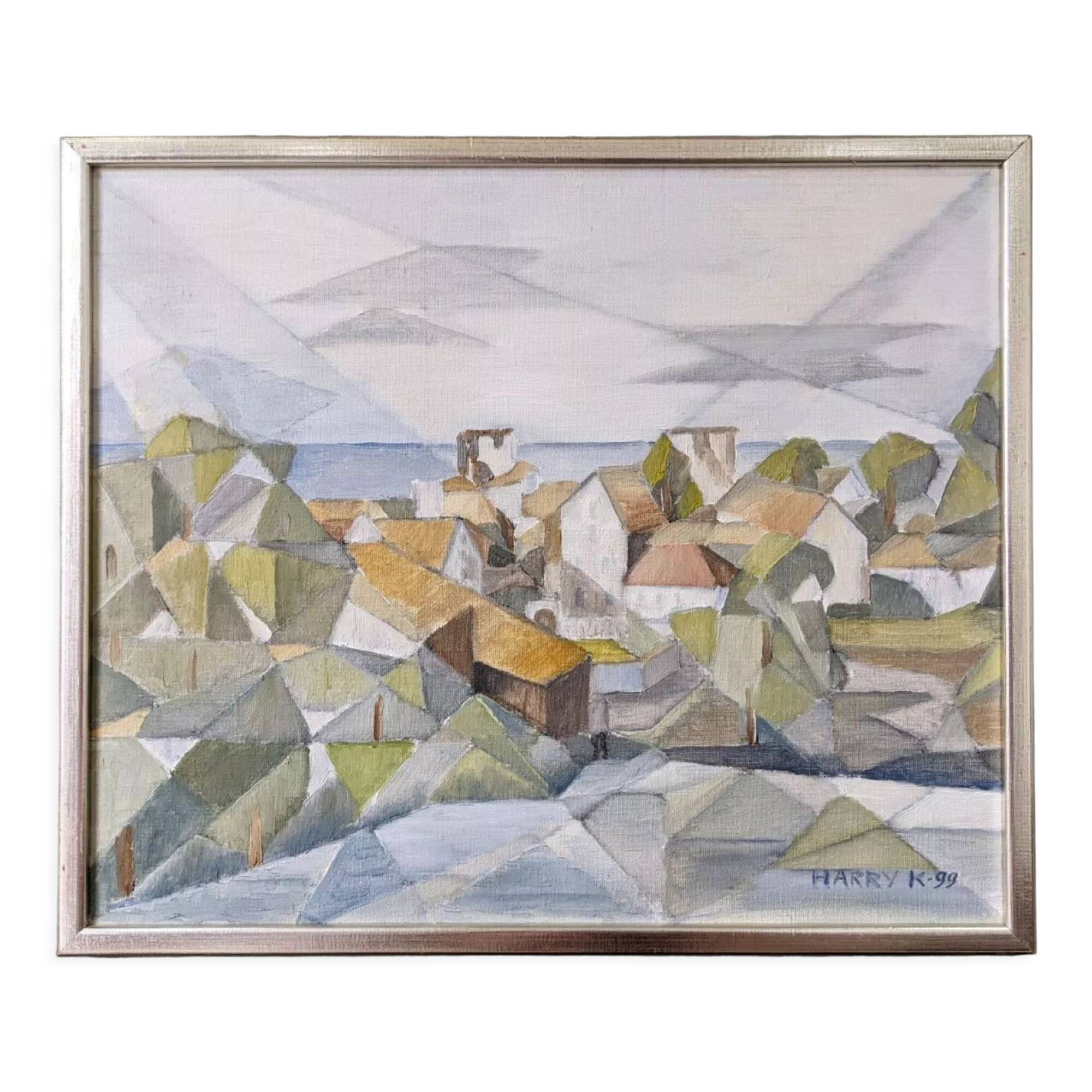 Framed Modernist Swedish Oil Painting "Cubist Coastal Town"