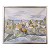 Framed Modernist Swedish Oil Painting "Cubist Coastal Town"