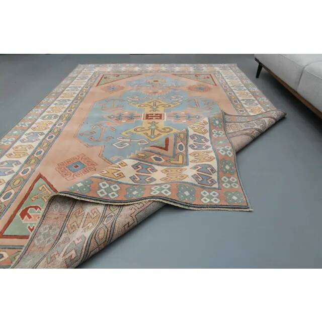 1970s Vintage Turkish Oushak Handmade Wool Cotton Blue Area Rug 220x310