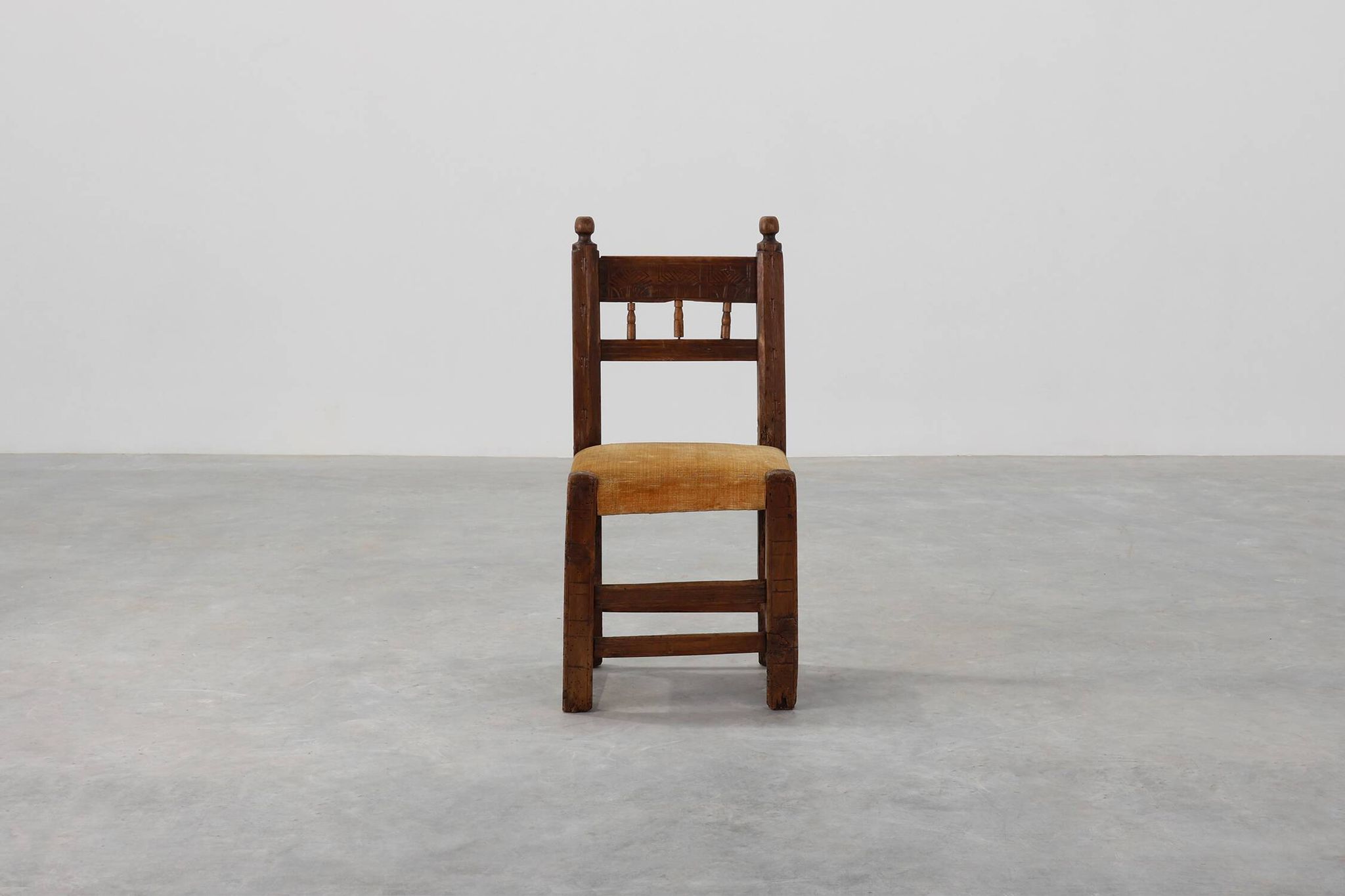 19th Century Spanish Hand-Carved oak Side Chair with Velour Seat