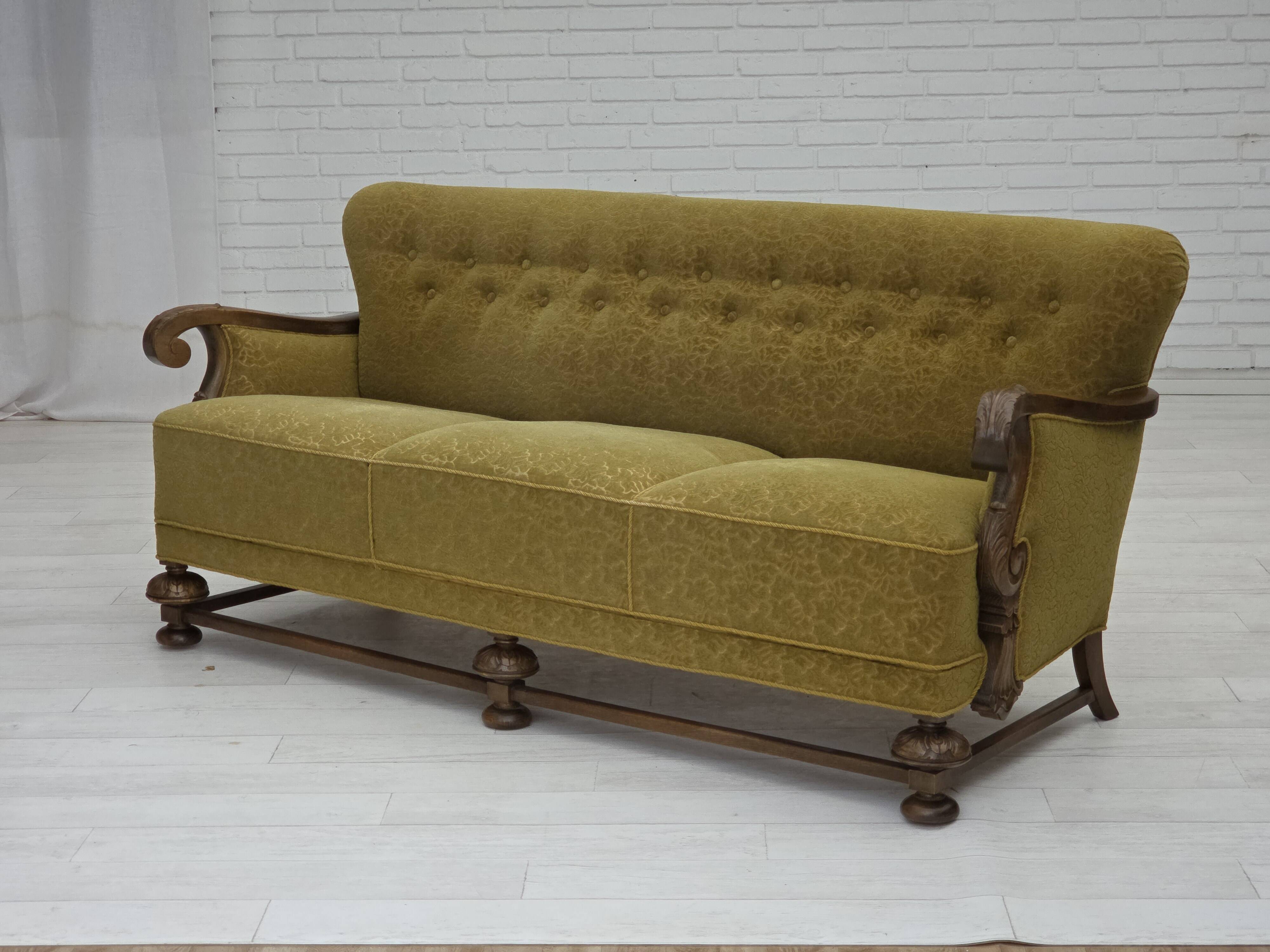 1960s, 3-seater Danish sofa, cotton/wool furniture fabric, solid oak wood.