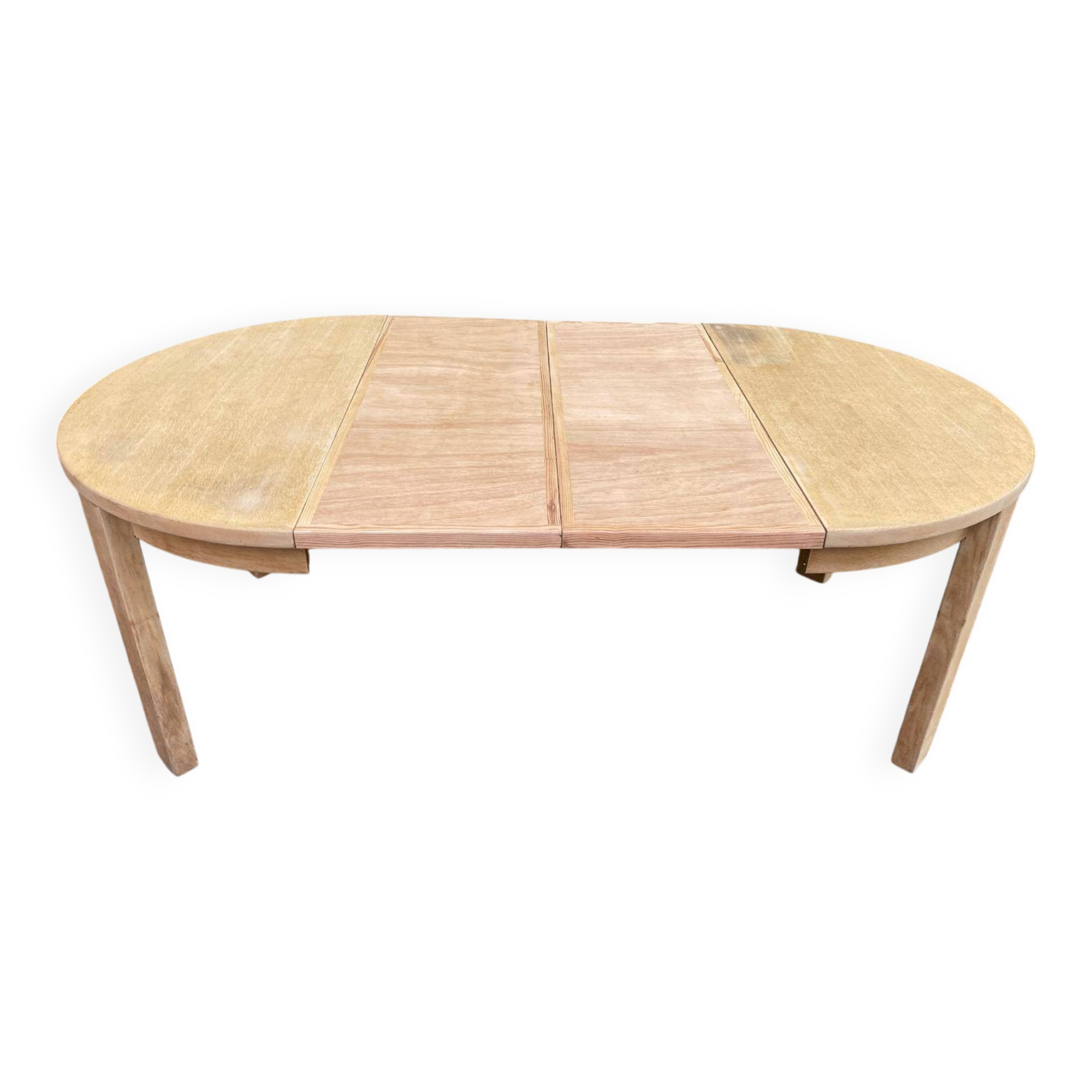 Table à manger scandinave ronde extensible décapée en chêne brut 1980