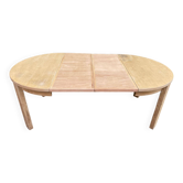 Table à manger scandinave ronde extensible décapée en chêne brut 1980