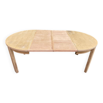 Table à manger scandinave ronde extensible décapée en chêne brut 1980