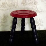 Vintage French Childs Hand Made Wood Stool 3 Legs Painted Blue & Red 4123