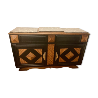 Art deco sideboard in carved oak diamond point, gray marble top