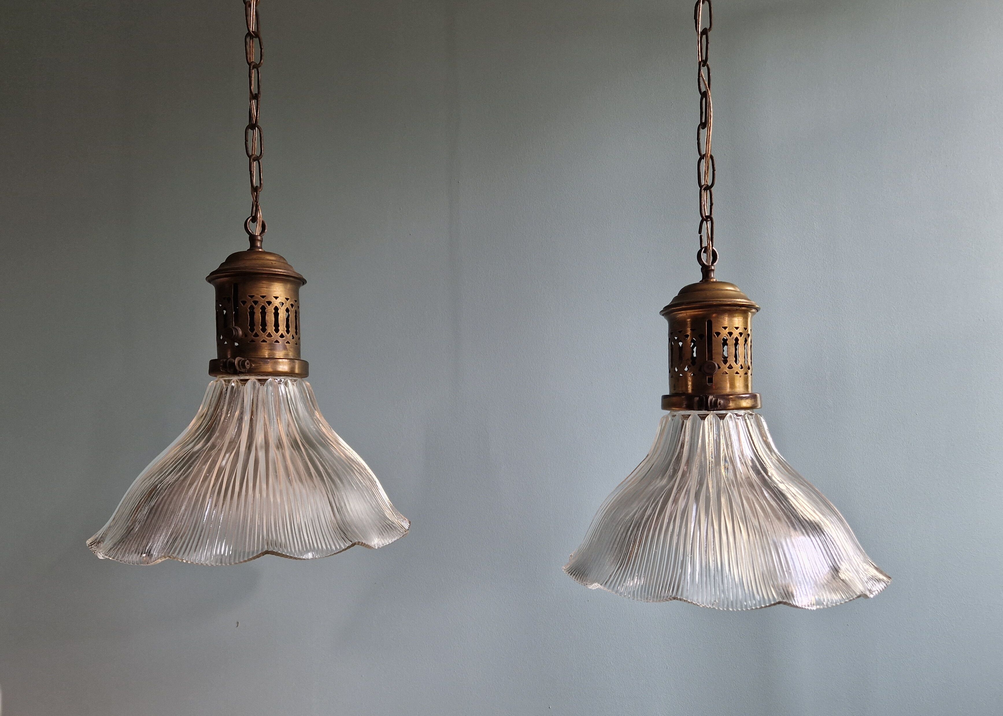 Pair of Holophane wall lamps in grooved glass, 1920s-30s