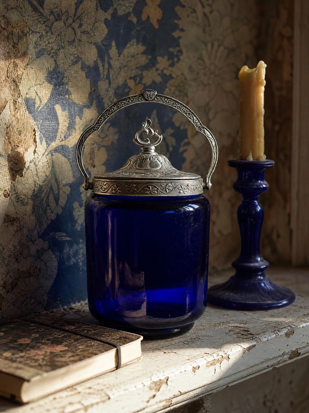 Antique biscuit jar/sweet jar, cobalt blue glass and silver-plated metal, early 20th century.