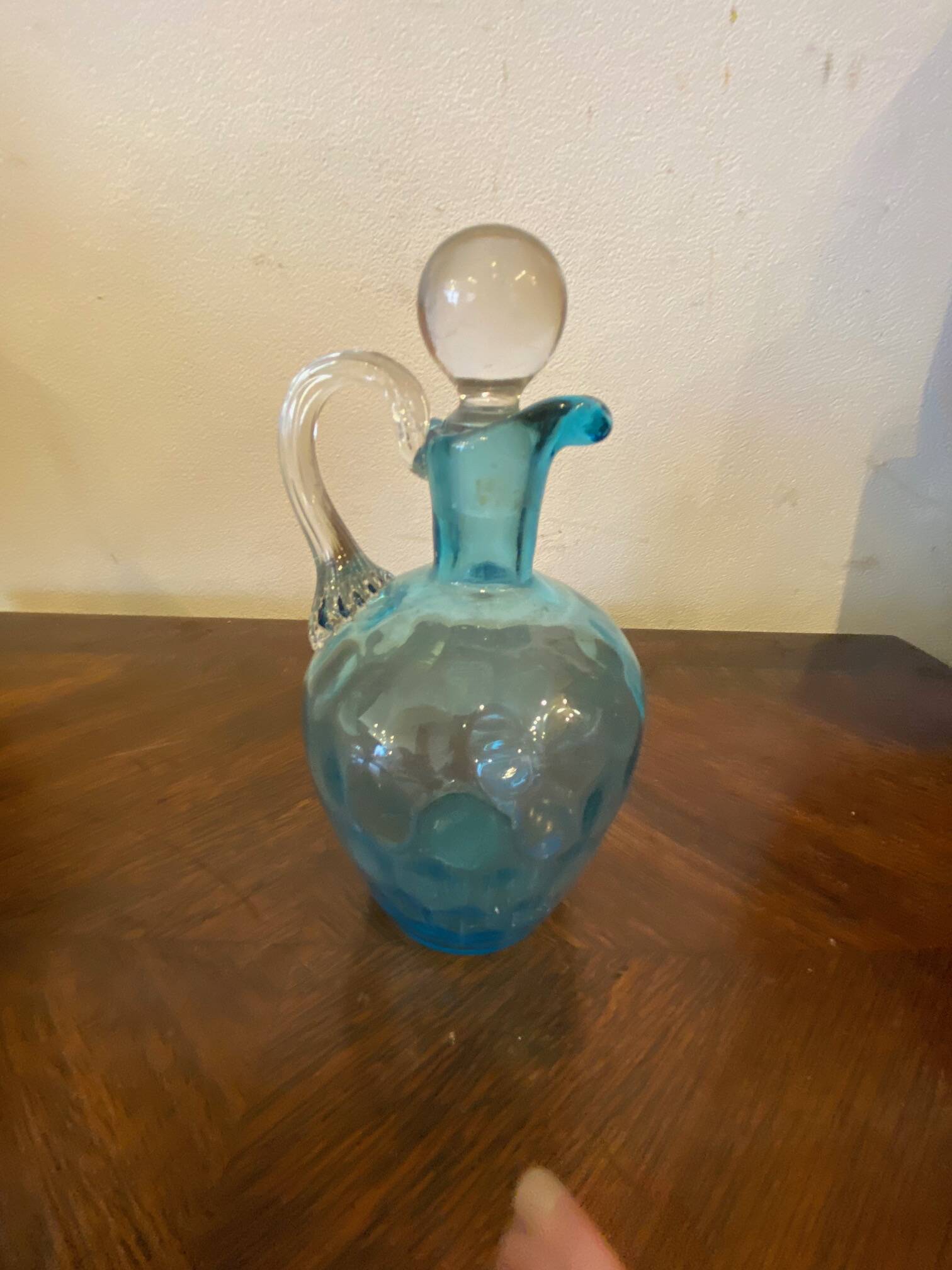 Night carafe in blue tones waffle glass with cabochon early 20th century