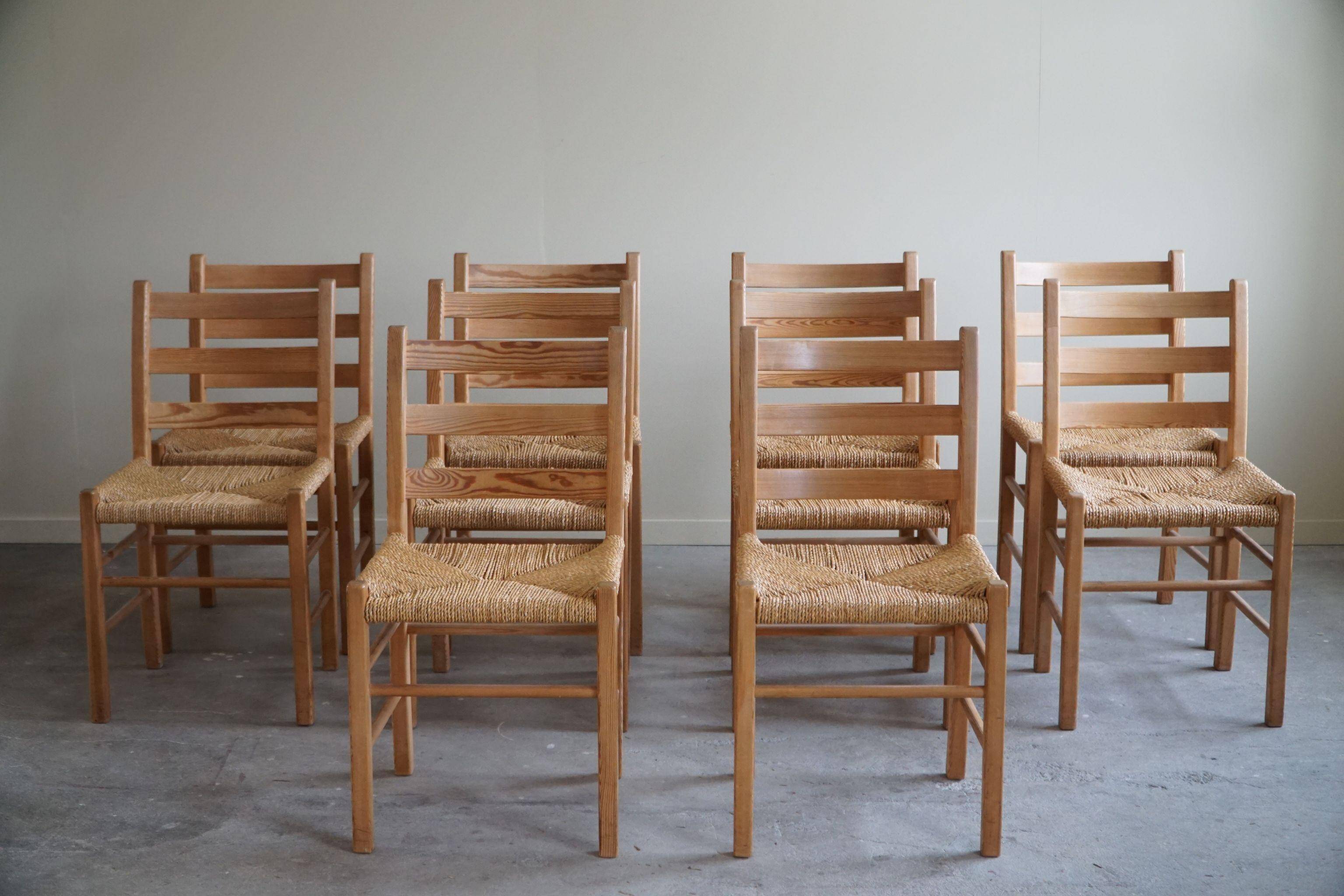 Set of 10 dining chairs in pine with sea grass seats, Danish design from the mid-20th century.