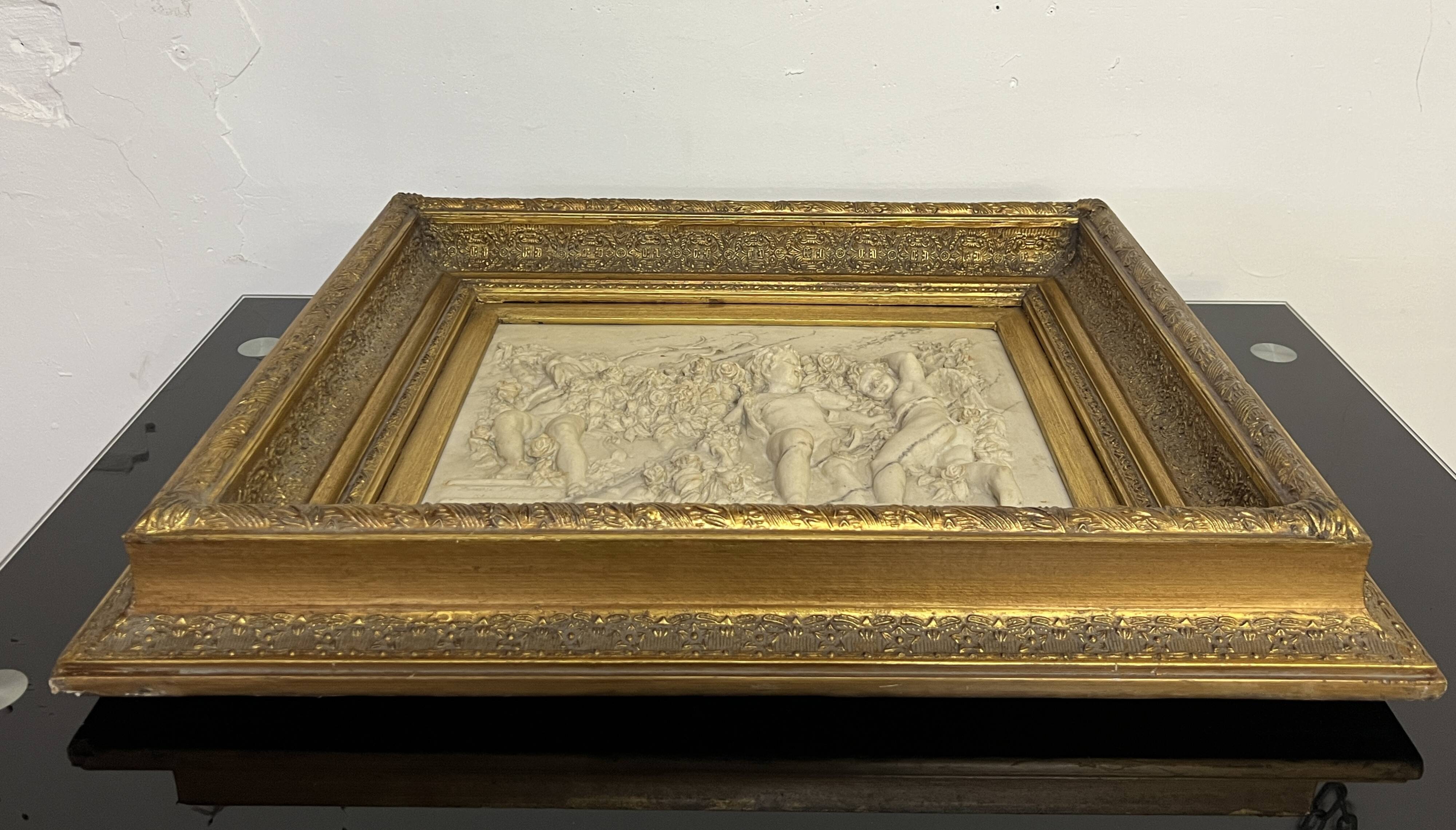 Marble high relief by François Duquesnoy "Putti, garlands and flowers" Paris, 1892