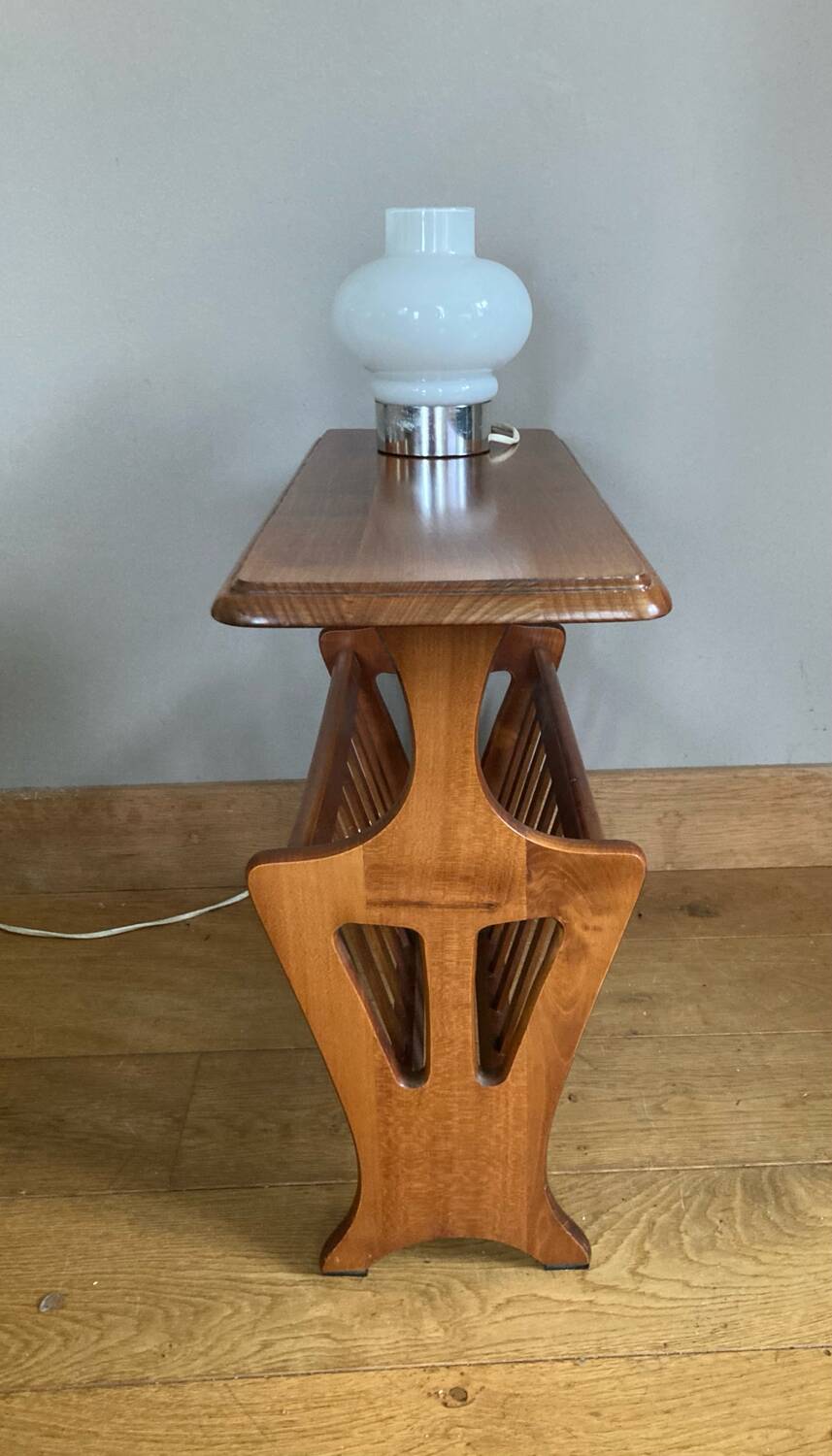 Vintage magazine rack with shelf, Solid cherry wood side table from the 1990s