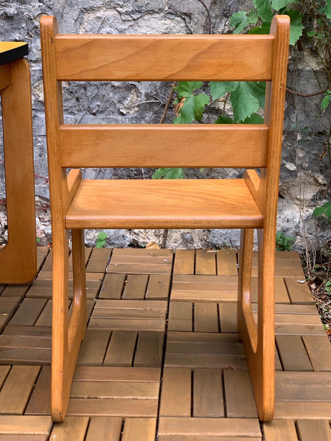 Children's wooden and formica desk and sled chairs 1970