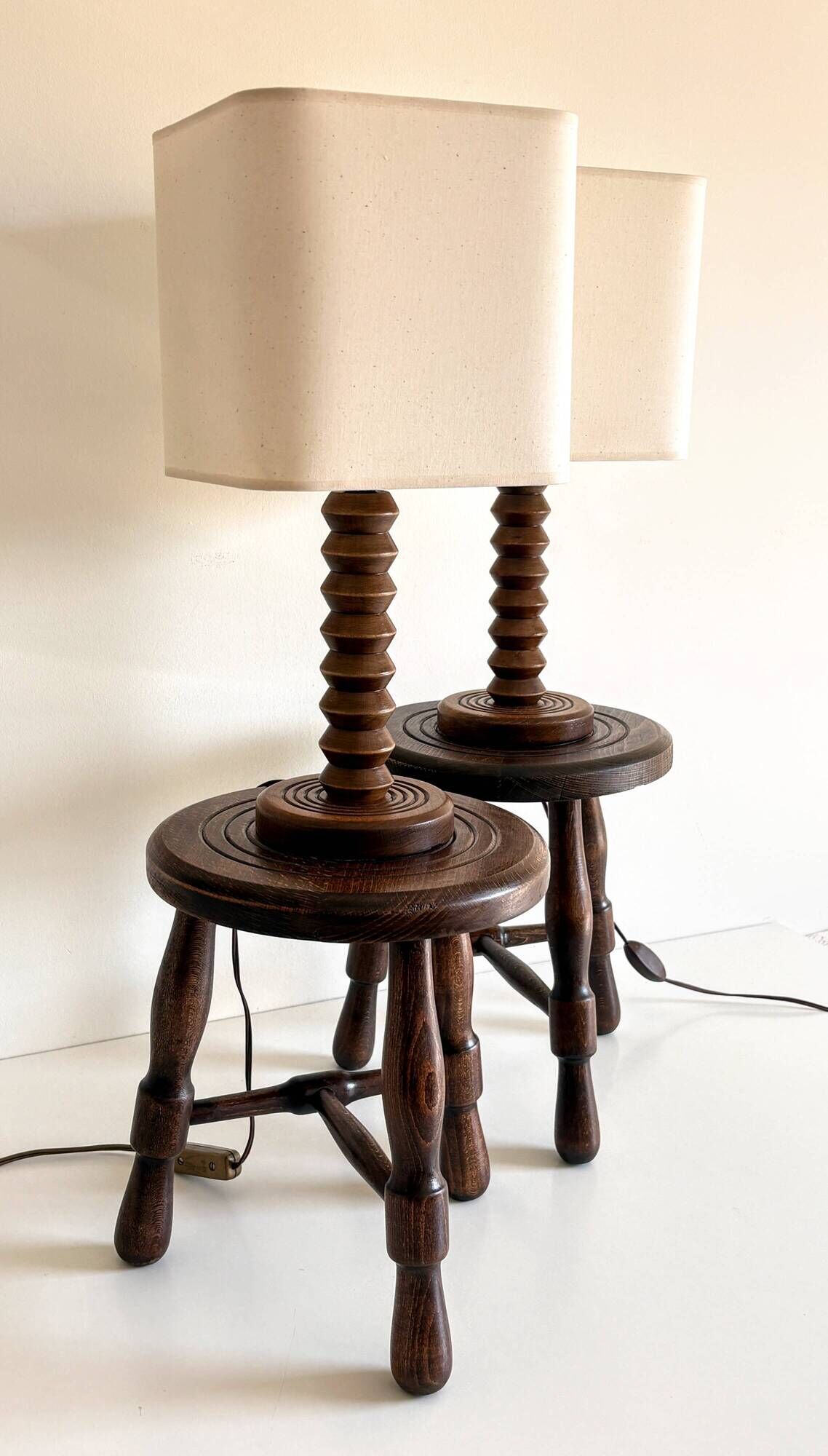 Pair of French Art Deco Wooden Table Lamps Attributed to Charles Dudouyt