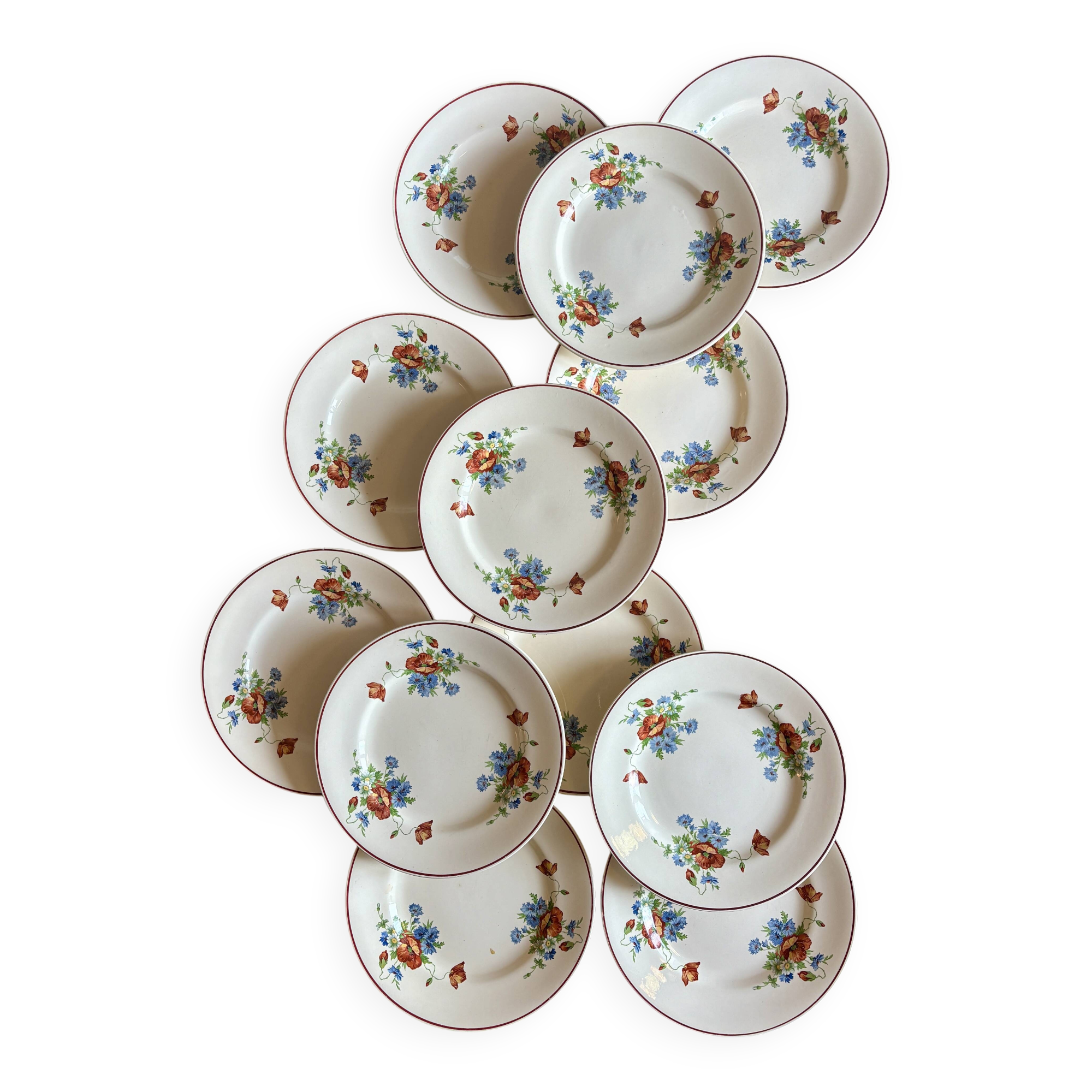 Set of 12 old flat plates with flower decorations - Salins