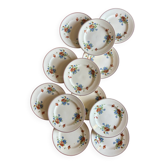 Set of 12 old flat plates with flower decorations - Salins