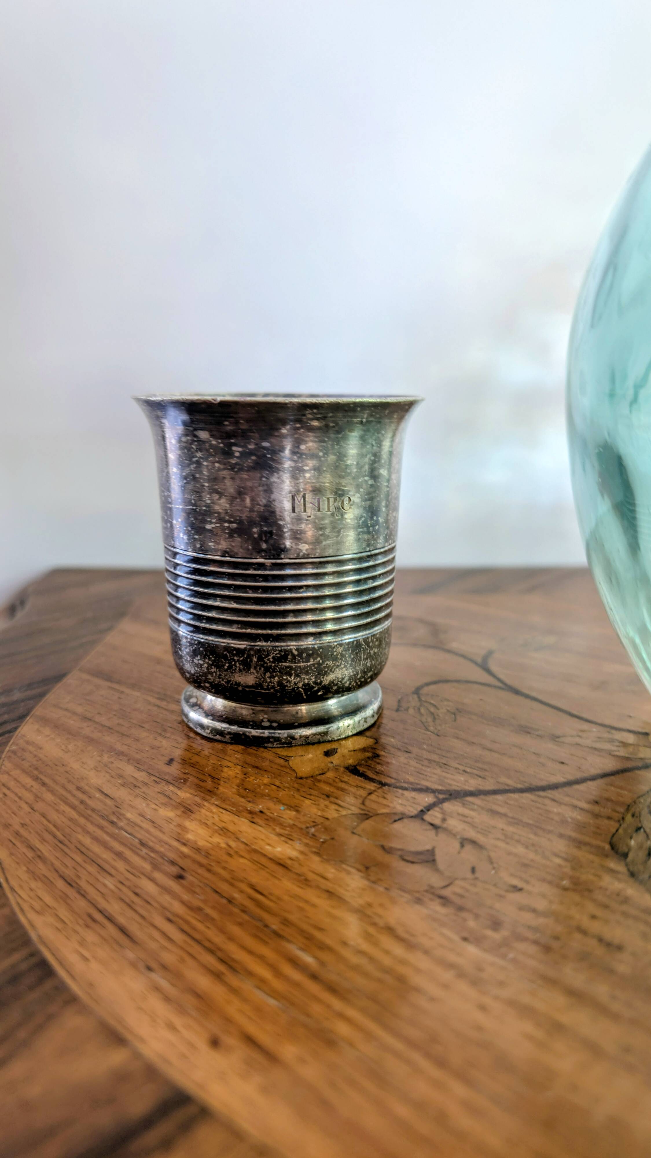 Antique white metal christening cup – engraved with “Mare” and a beautiful patina
