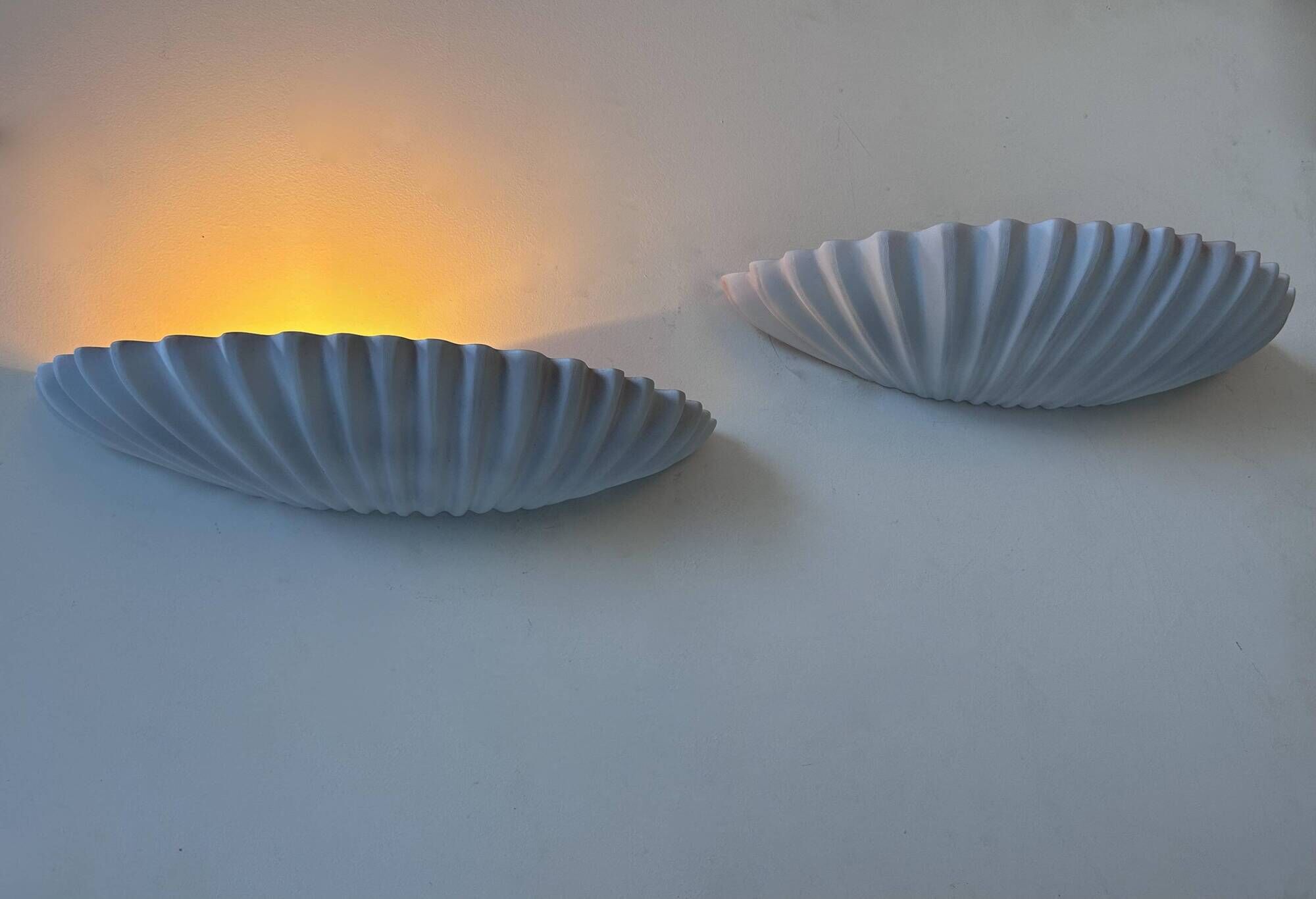 Pair of vintage shell wall lights, matte white, France 1970