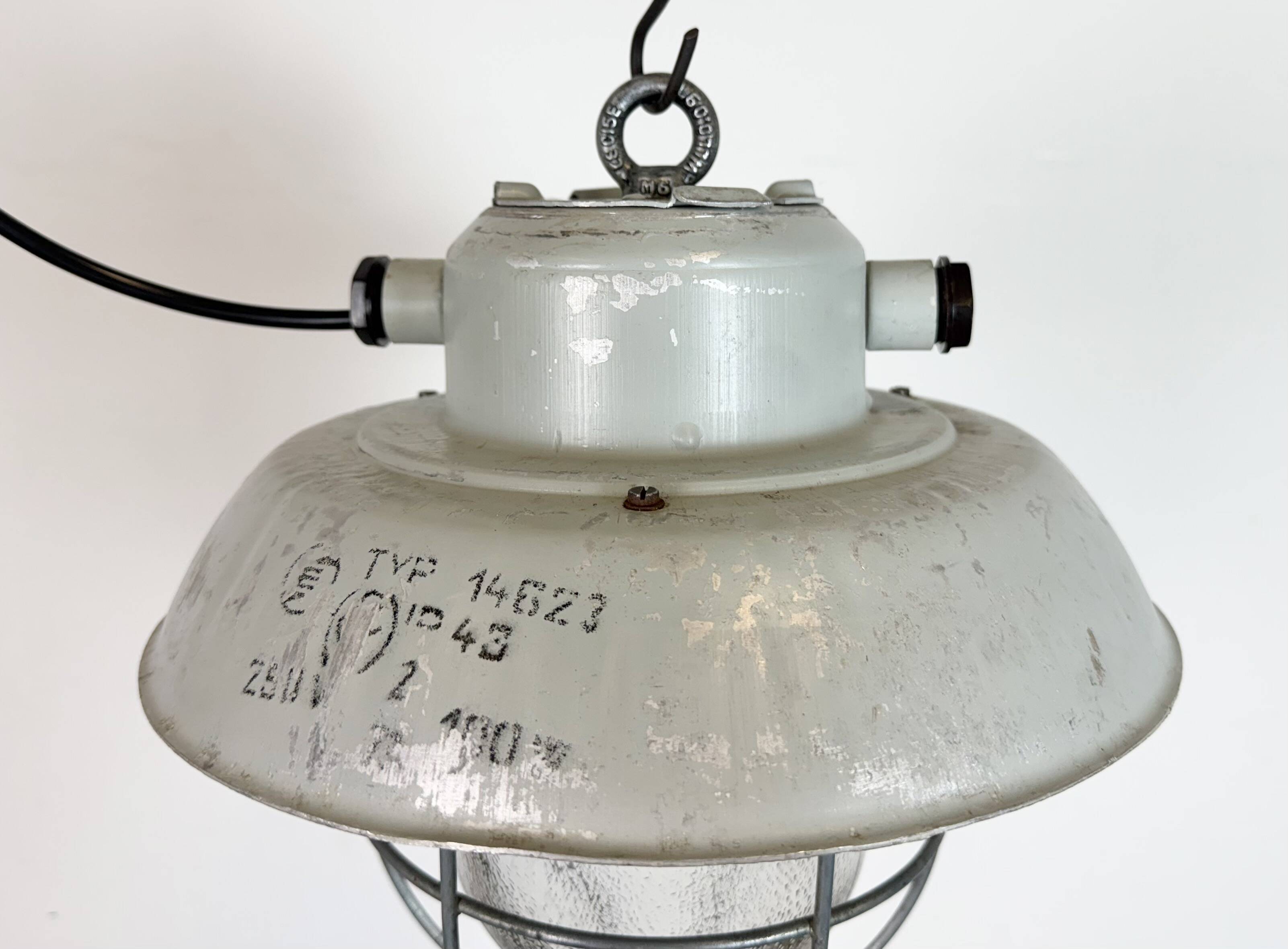 Grey Industrial Aluminium Cage Pendant Lamp with Frosted Glass, 1970s