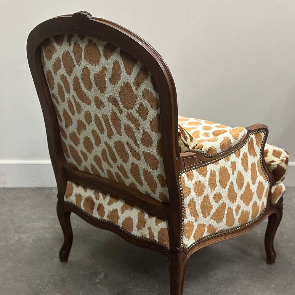 Pair of Louis XV style armchairs in giraffe velvet upholstery, France, 1950s