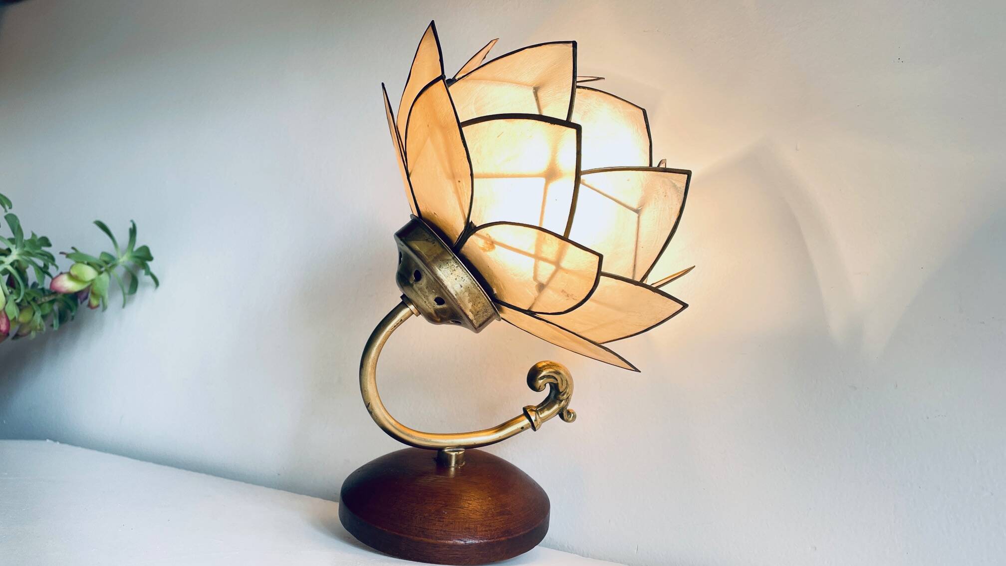 Vintage mother-of-pearl and brass flower wall lamp