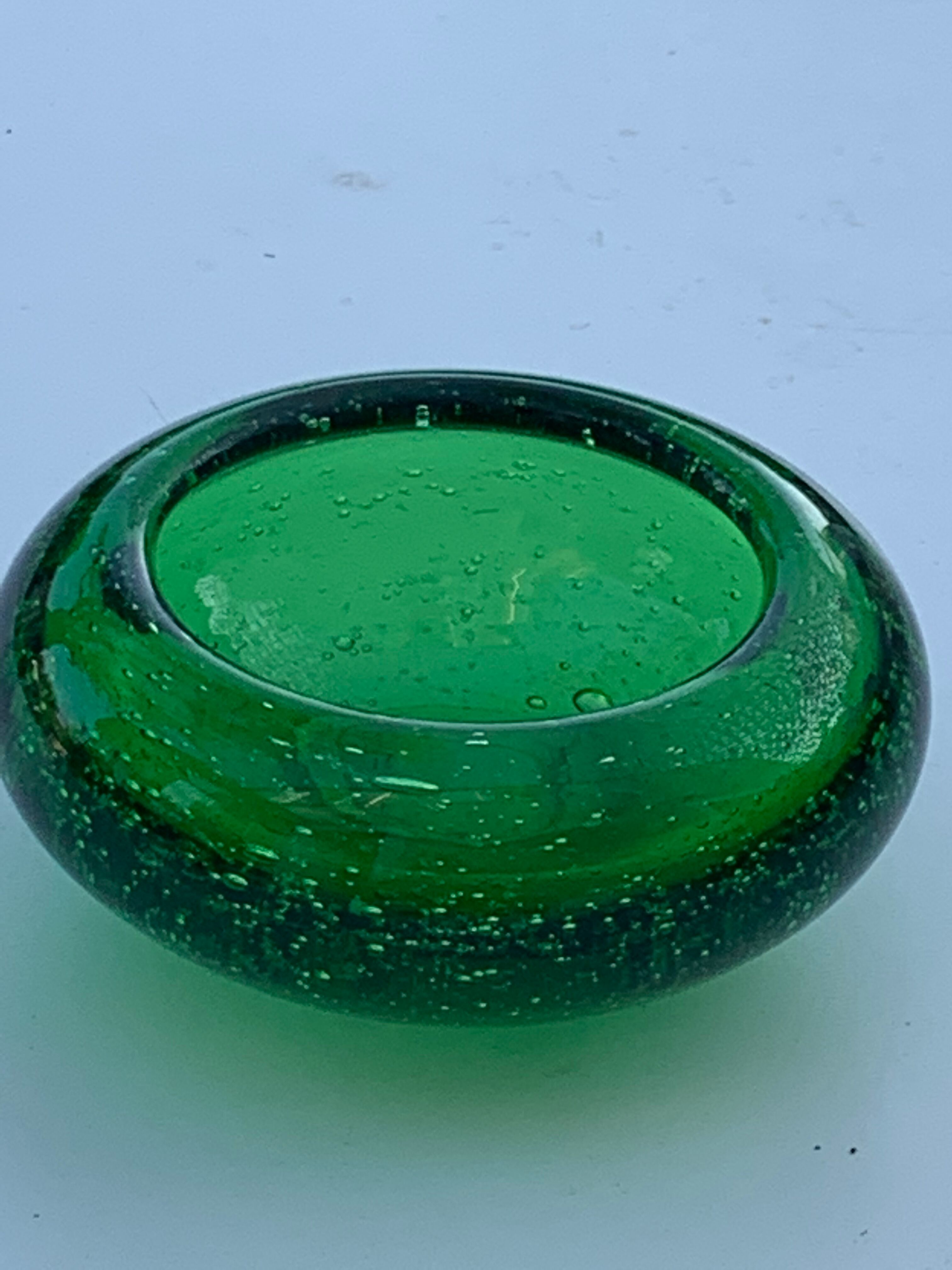 Organic glassware ashtray in signed and vintage green blown glass