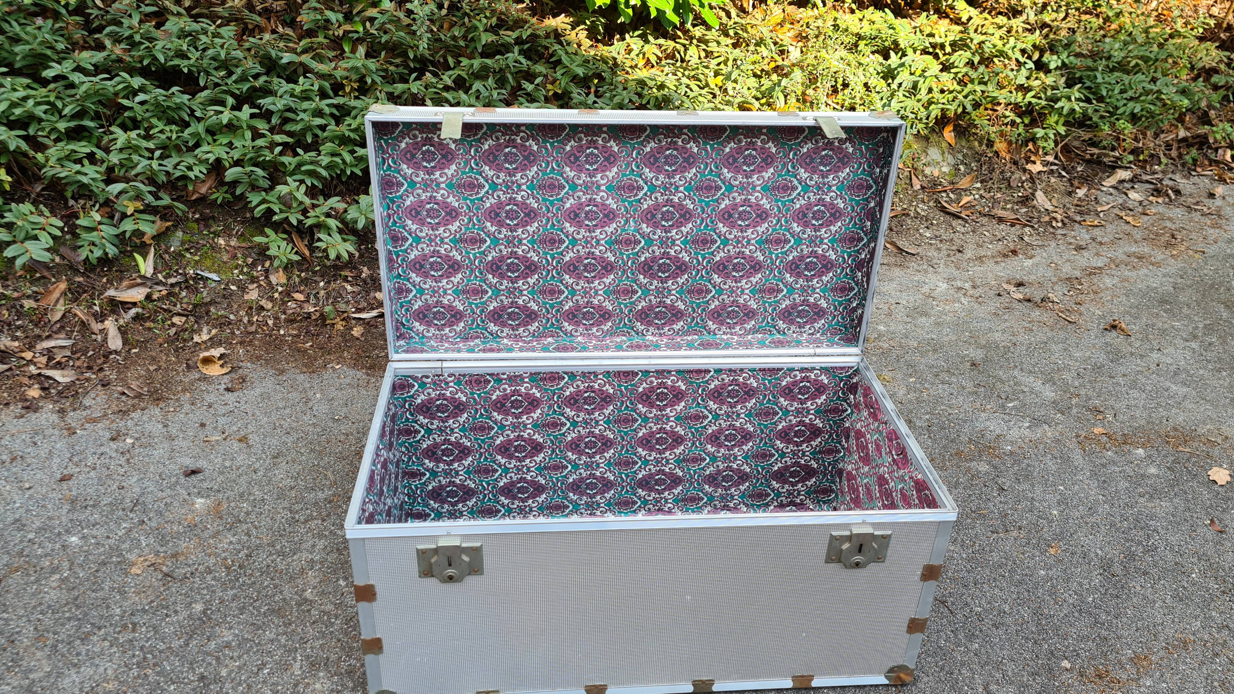 Old metal aluminum trunk / mail trunk / industrial / interior fabric