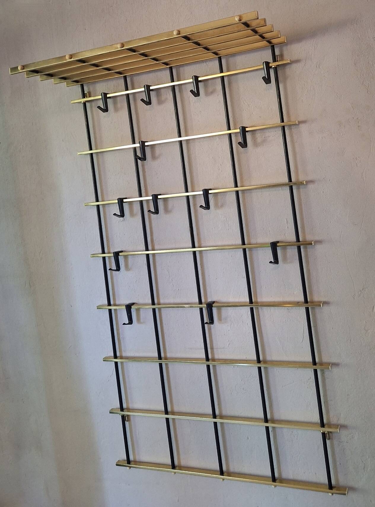 Wall-mounred brass and metal coat and hat rack, 1960s